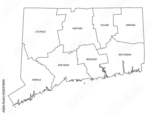 State of Connecticut divided into counties, outline map. State in the New England region of the Northeastern United States, subdivided into 8 counties. Map with boundaries and county names. Vector