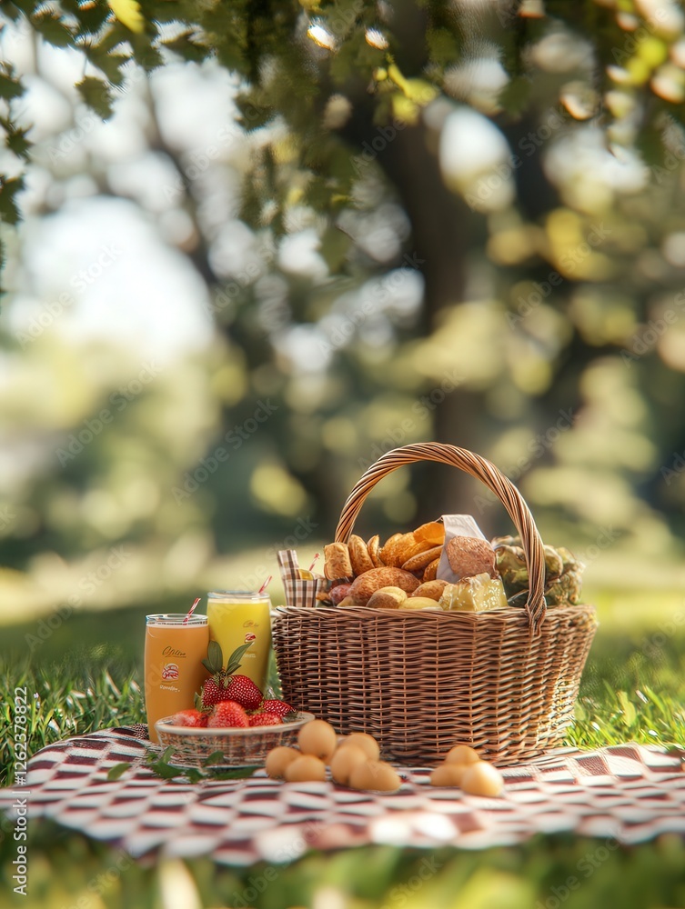 wicker food basket packed with delicious snacks and drinks, placed on a checkered picnic mat under the soft glow of sunlight on green grass. wicker food basket packed with delicious snacks and drinks, placed on a checkered picnic mat under the soft glow of sunlight on green grass.