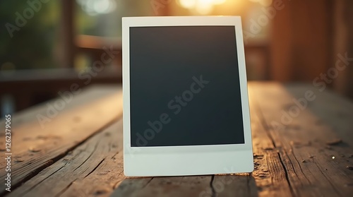Blank Instant Photo Frame on Rustic Wooden Table