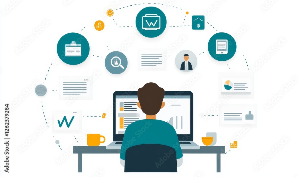 Professional using laptop to access benefits & employee services dashboard, icons representing human resources, insurance, payroll, retirement plans &, Generative AI Professional using laptop to access benefits & employee services dashboard, icons representing human resources, insurance, payroll, retirement plans &, Generative AI