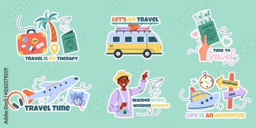 Travel stickers, badge, label design with lettering