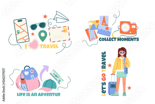 Travel set of badge, label design with lettering