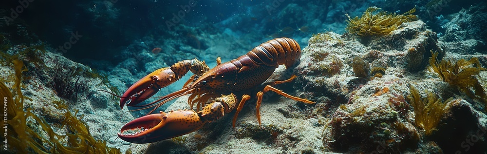 lobster on rocky sea floor, surrounded by small sea creatures and algae-covered rocks, captured in the serene underwater world lobster on rocky sea floor, surrounded by small sea creatures and algae-covered rocks, captured in the serene underwater world