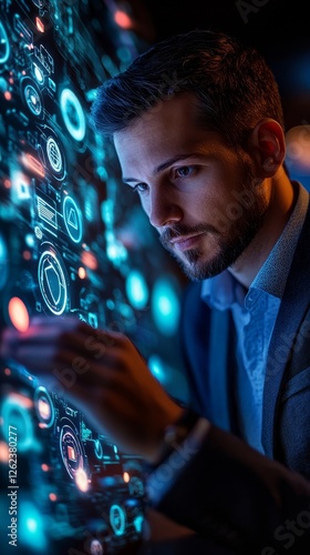 Marketing Specialist Engaging with SEO Optimization Tools on a Futuristic Interface for Enhancing Online Visibility, Generative AI