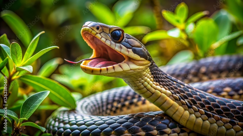 Majestic Snake with Open Mouth in Lush Green Environment Majestic Snake with Open Mouth in Lush Green Environment