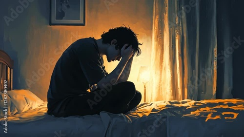 A man is sitting on a bed with his head in his hands. The room is dimly lit, and there is a candle on the bed. Scene is sad and contemplative