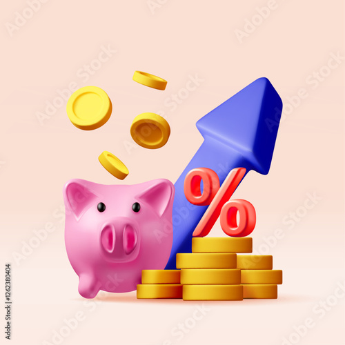 3D piggy bank and growing stacks of coins. Render plastic piggy bank for money. Moneybox in form of pig. Concept of cash money, business deposit investment, financial savings. Vector illustration