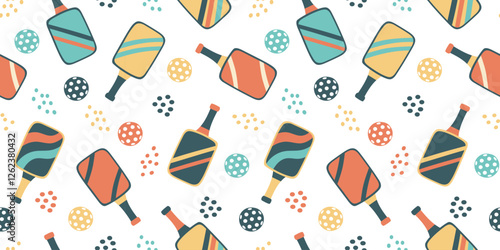 Pickleball seamless pattern. Concept of sport and pickleball. Pickleball paddles and balls on white background. Vector flat banner.