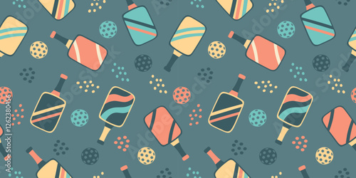 Pickleball seamless pattern. Concept of sport and pickleball. Pickleball paddles and balls. Vector flat background.