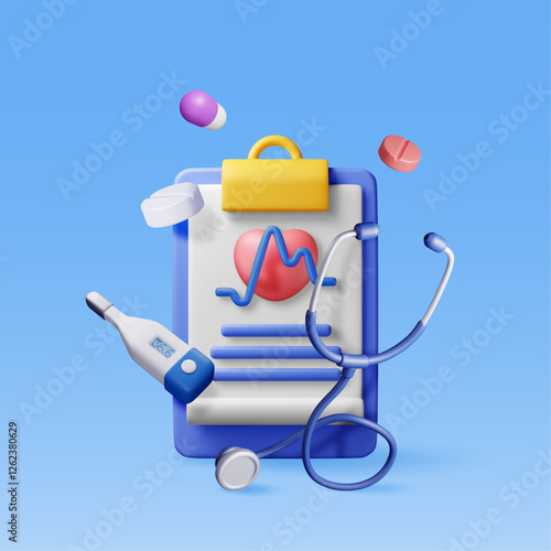 3d clipboard with medical check, stethoscope and pills. Render first aid report with check list for health. Health checkup concept. First aid, pharmacy, drug store and health care. Vector illustration