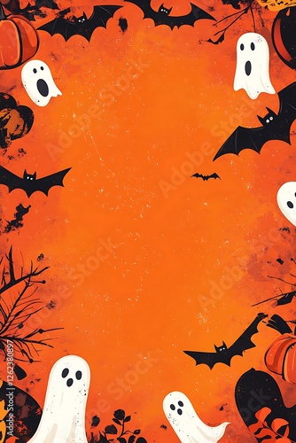 a whimsical halloween illustration with playful ghosts- silhouetted bats- and autumnal leaves framing a vibrant orange backdrop- perfect for festive invitations or seasonal designs