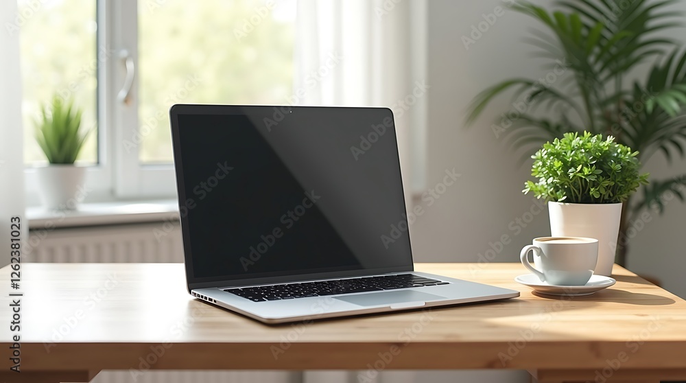 Laptop on Wooden Desk with Plants and Coffee Laptop on Wooden Desk with Plants and Coffee