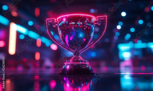 Futuristic neon-lit trophy cup center stage with dynamic lighting in an e-sports arena, symbolizing victory, achievement, and competitive excellence, Generative AI