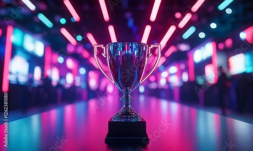 Futuristic neon-lit trophy cup center stage with dynamic lighting in an e-sports arena, symbolizing victory, achievement, and competitive excellence, Generative AI