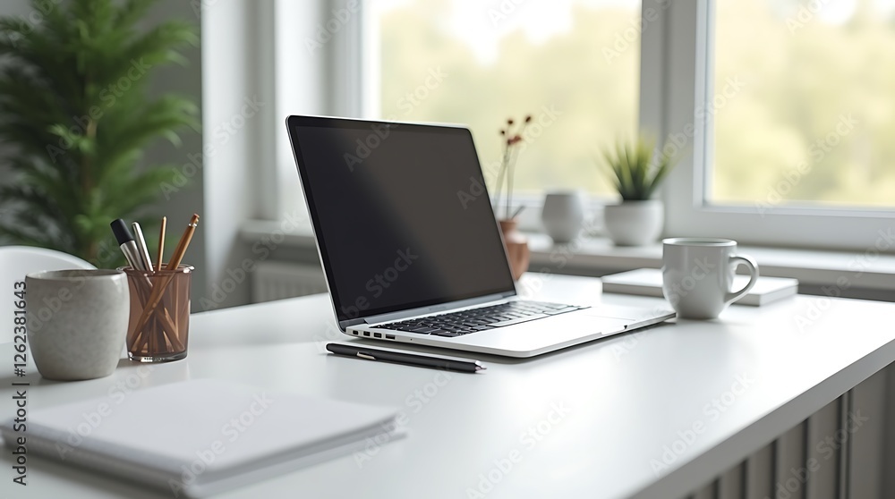 Modern Minimalist Home Office Setup with Laptop Modern Minimalist Home Office Setup with Laptop