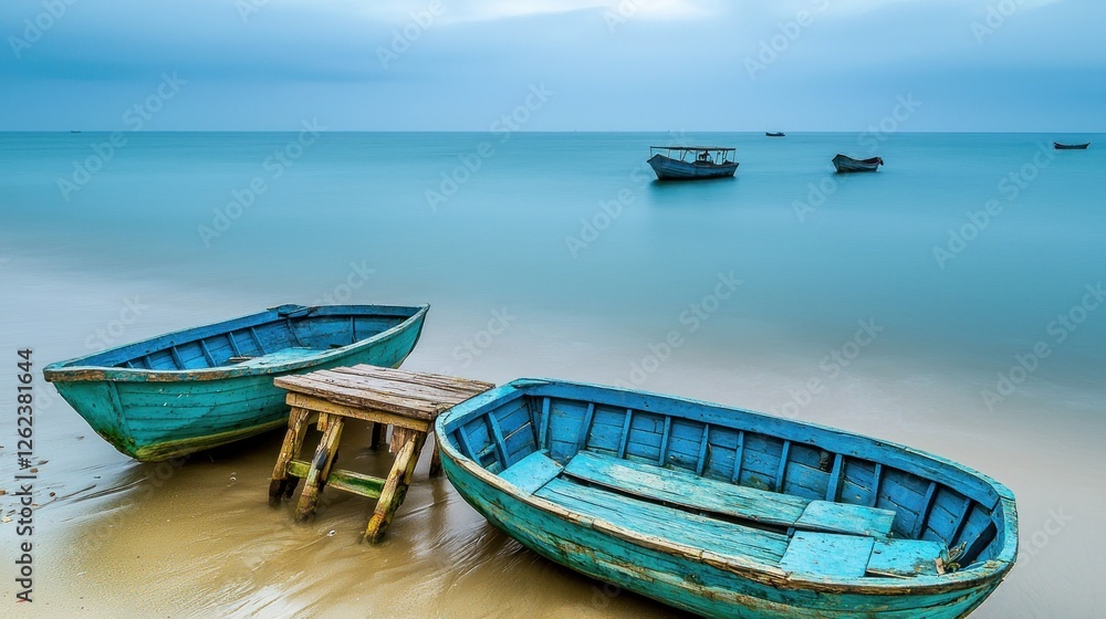Tranquil beach scene with weathered fishing boats; calm sea; overcast sky Tranquil beach scene with weathered fishing boats; calm sea; overcast sky