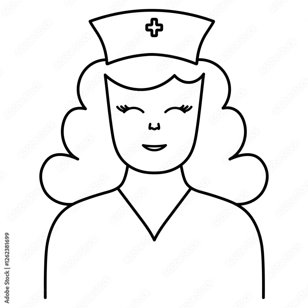 Nurse in a cap with a cross. Sketch. Vector icon. Medical worker smiling kindly. Curly woman doctor icon. Hospital worker. Outline on an isolated white background. Doodle style. Coloring for children. Nurse in a cap with a cross. Sketch. Vector icon. Medical worker smiling kindly. Curly woman doctor icon. Hospital worker. Outline on an isolated white background. Doodle style. Coloring for children.