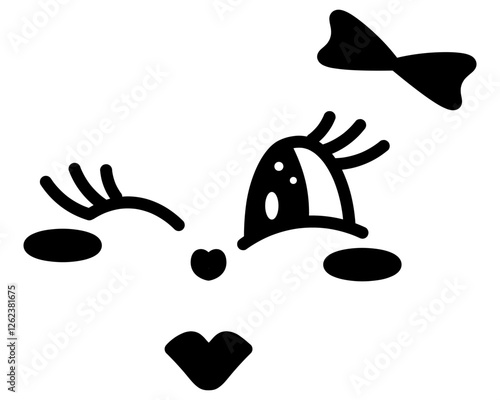 Winking facial expression. Female face with positive emotions. Sketch. Smile, blush, air kiss, bow, eyelashes. Vector illustration. Outline on isolated white background. Doodle style. Cute grimace. 