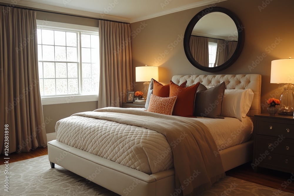Fototapeta premium Elegant modern bedroom with neutral tones and tasteful decor featuring a cozy bed and natural light