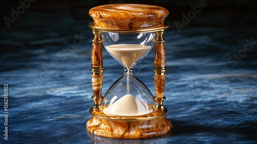 A delicate glass hourglass with sand running through it, placed on a blue background, illustrating the swift passage of time and its transience. photo