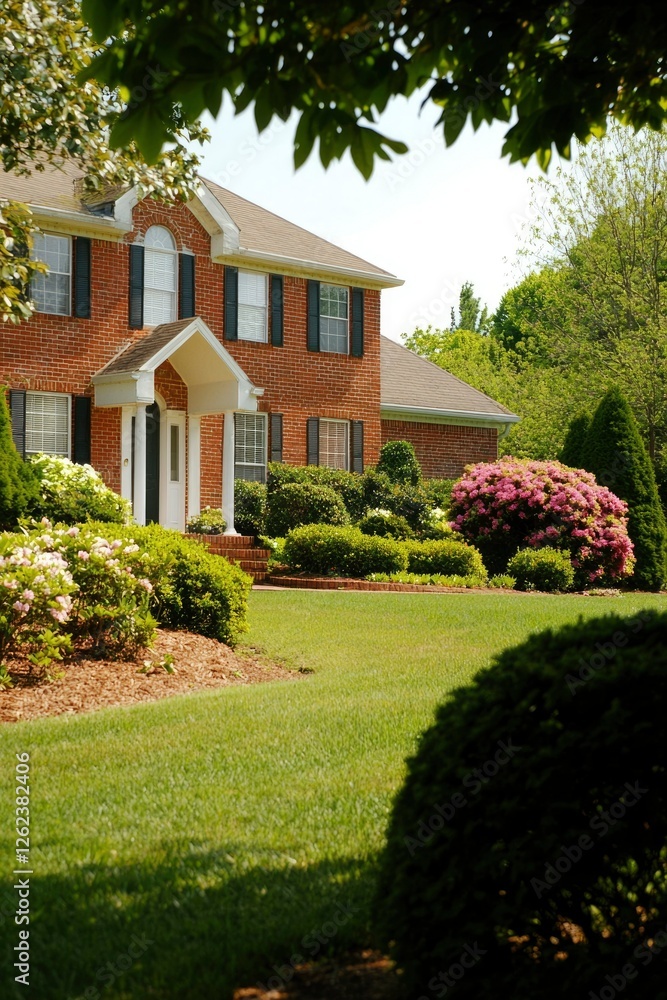 Naklejka premium House with manicured lawn and shrubbery in front yard. For real estate