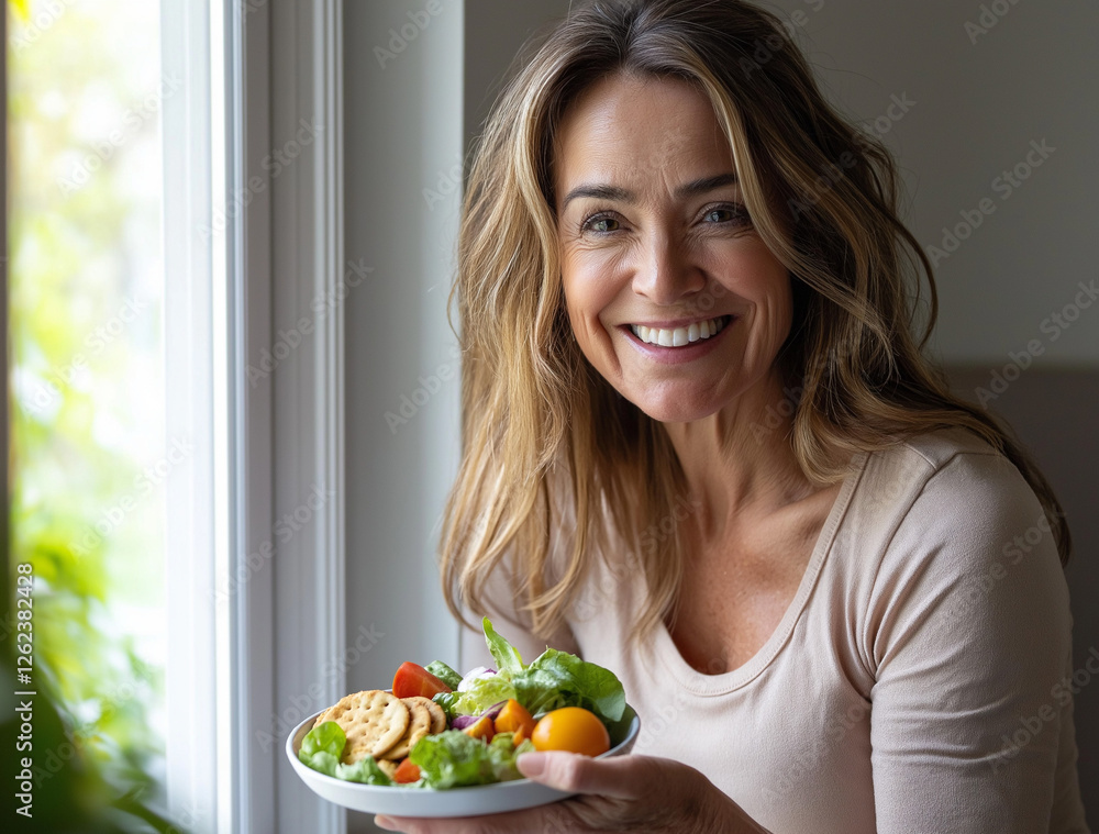 A beautiful fitness woman in beige sports top eats healthy food near window, holding salad and meal with hands close up shot from the side, smiling happy looking at plate full of vegetables