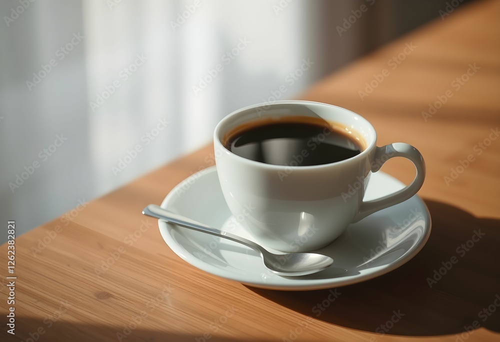 Coffee cup, white porcelain, wooden table, sunlight, morning atmosphere, minimalist, steam rising, spoon on saucer, close-up shot, warm tones, shallow depth of field, cozy ambiance, café setting Coffee cup, white porcelain, wooden table, sunlight, morning atmosphere, minimalist, steam rising, spoon on saucer, close-up shot, warm tones, shallow depth of field, cozy ambiance, café setting