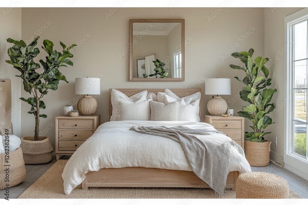 Fototapeta premium Spacious and serene bedroom with natural decor elements and soft lighting creating a calming atmosphere