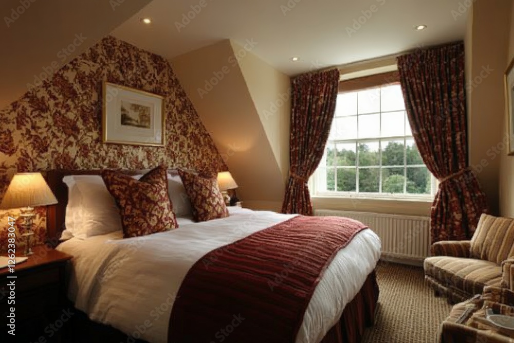 Fototapeta premium Cozy and elegant bedroom with warm decor and scenic view in a countryside setting