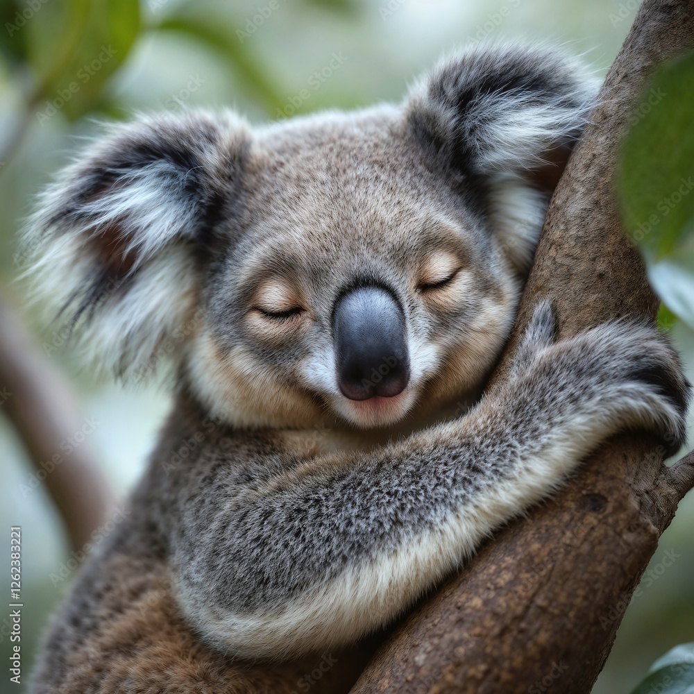 Peaceful Sleeping Koala with Soft Grey Fur Against Natural Background Peaceful Sleeping Koala with Soft Grey Fur Against Natural Background