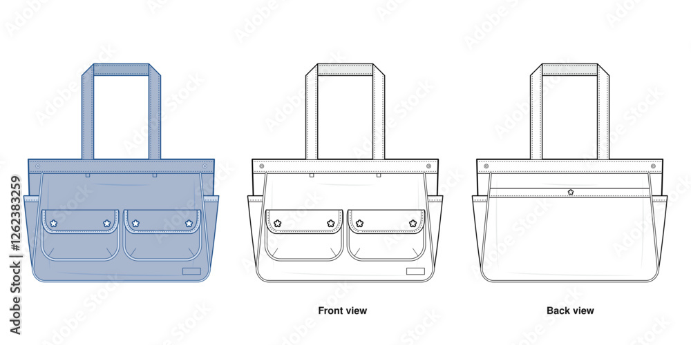 Kawaii Multi-Pocket Tote Technical Fashion Illustration. Large Shoulder Bag vector template. Star Snap Buttons. Stylish and Functional. Denim blue. CAD Mockup Set. Kawaii Multi-Pocket Tote Technical Fashion Illustration. Large Shoulder Bag vector template. Star Snap Buttons. Stylish and Functional. Denim blue. CAD Mockup Set.