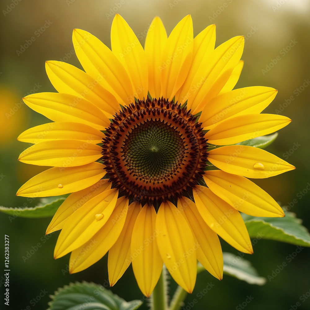 Fototapeta premium Fresh Sunflower with Morning Dew Drops in Vibrant Yellow Hues