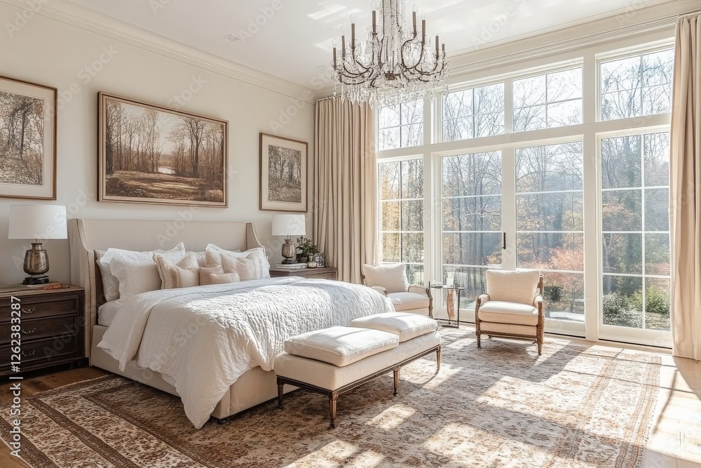 Fototapeta premium Elegant and spacious bedroom with large windows overlooking a serene landscape on a sunny day