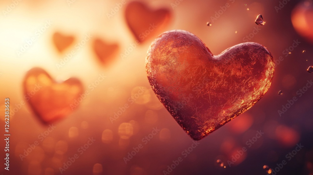 Fototapeta premium Glowing Amber Hearts Floating In Sunset Light