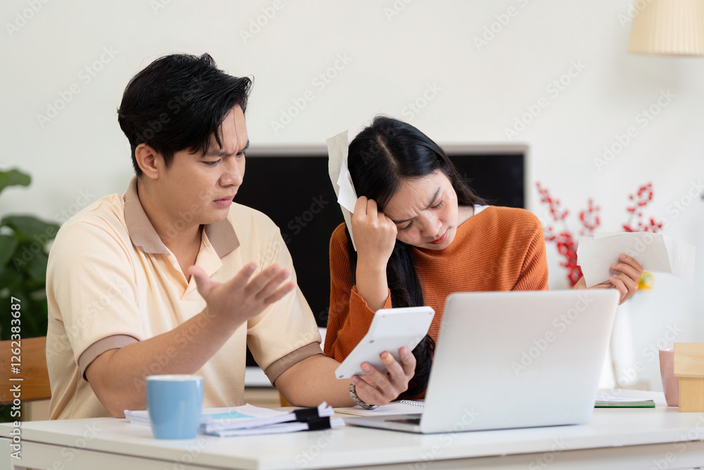 Couple calculating bills and managing finances at home, expressing concern and collaboration. Couple calculating bills and managing finances at home, expressing concern and collaboration.