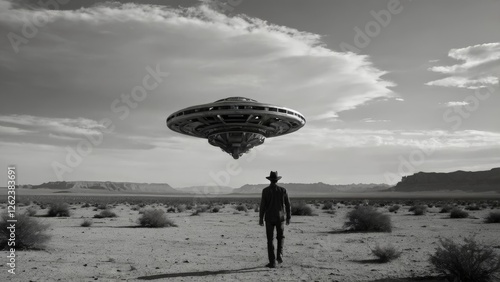 Retro 1950s UFO Crash in Desert with Dust Clouds and Mysterious Alien Spaceship Wreckage
