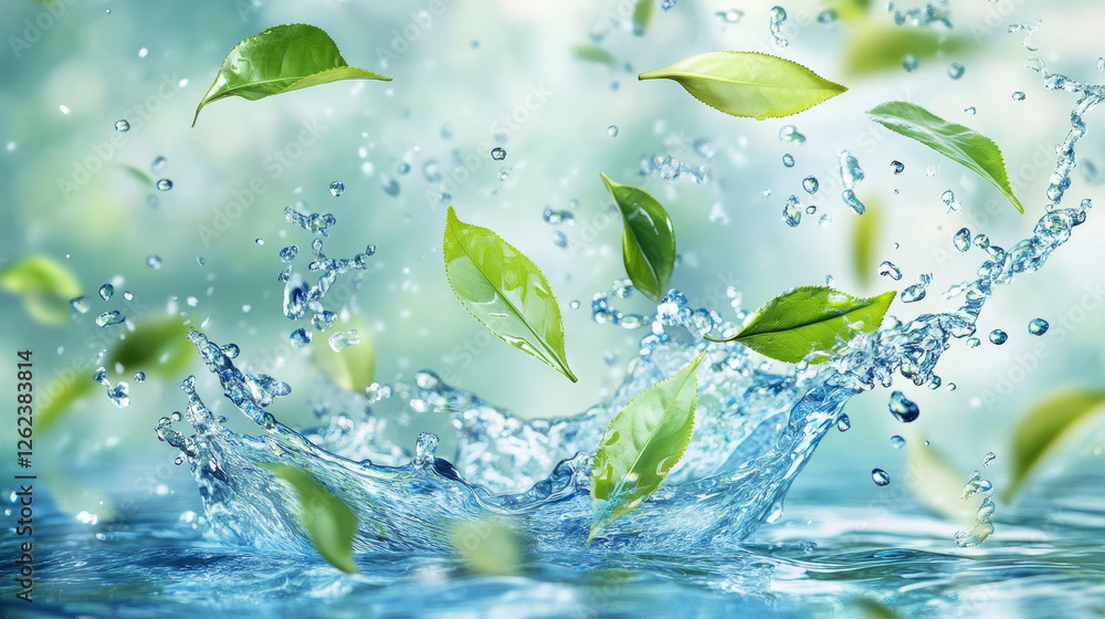 Green tea leaves with blue water corona splash and splatters. Vector organic herbal drink, 3d advertising with realistic green leaves falling in aqua. Fresh plant, natural aroma beverage ad Green tea leaves with blue water corona splash and splatters. Vector organic herbal drink, 3d advertising with realistic green leaves falling in aqua. Fresh plant, natural aroma beverage ad