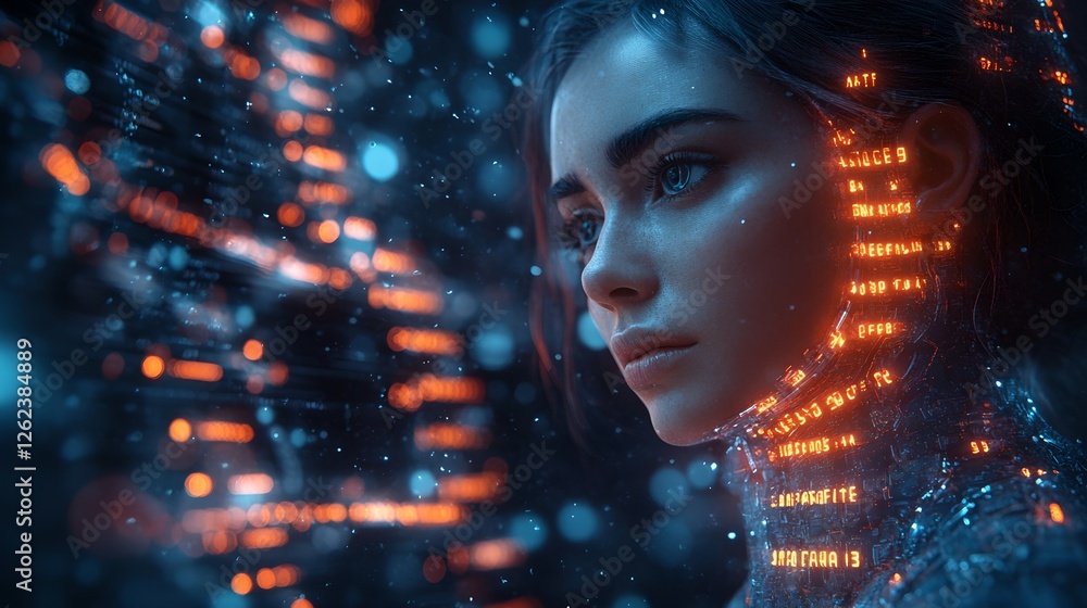 young woman in spaceship. Abstract background with digital symbols. Futuristic medicine concept. For banner, design, promo, presentation, cover, thumbnail young woman in spaceship. Abstract background with digital symbols. Futuristic medicine concept. For banner, design, promo, presentation, cover, thumbnail
