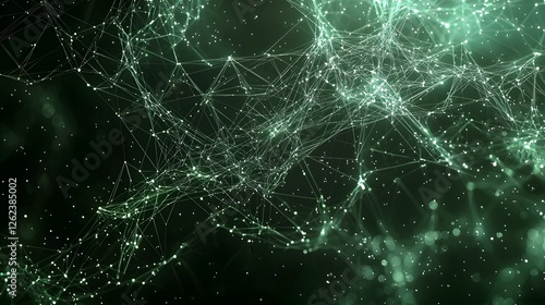 Overhead graphical representation of a complex digital network with interconnected assets displayed in a glowing futuristic matrix of light and particles