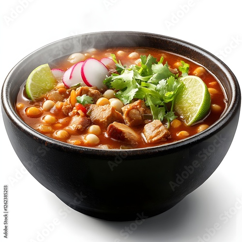 Steaming bowl of delicious posole garnished with radish and lime wedges