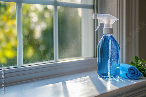 Window cleaning theme. Spring cleaning concept. Blue spray bottle stands on the windowsill before window cleaning. photo