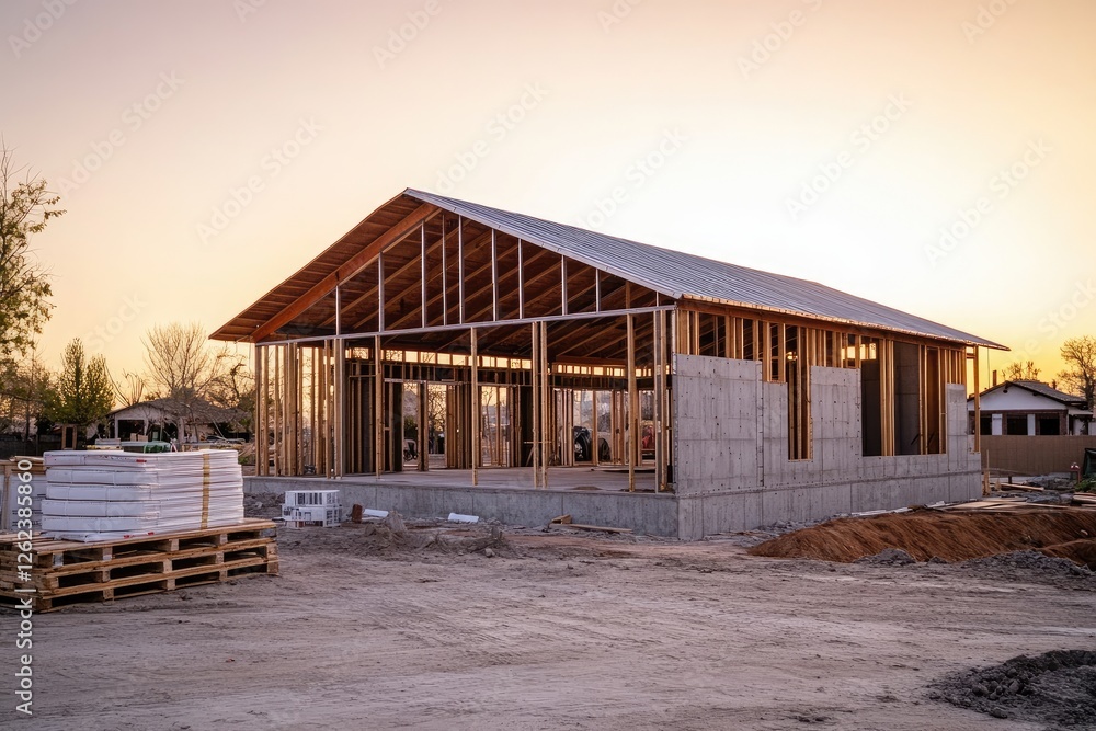 Sunrise view of a new house under construction in a residential area Sunrise view of a new house under construction in a residential area