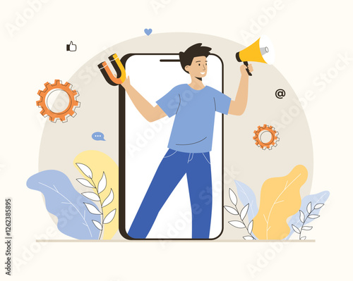 Digital marketing concept. Advertising campaign, promote brand, attracting customers in social networks. Flat vector illustration.	
