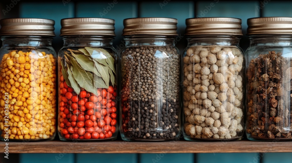 Row of glass jars filled with spices and herbs on wooden shelf against teal wall. Use Kitchen storage, food photography Row of glass jars filled with spices and herbs on wooden shelf against teal wall. Use Kitchen storage, food photography