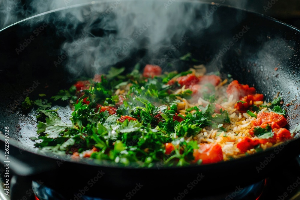 Stir-fry with fresh herbs, spices and tomatoes being cooked in a wok on stove. Stir-fry with fresh herbs, spices and tomatoes being cooked in a wok on stove.
