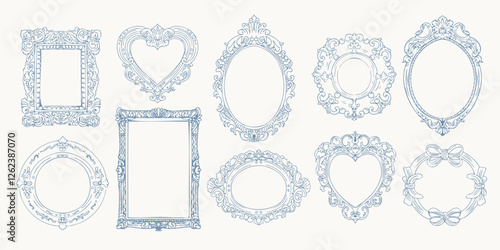 Decorative Victorian Frame Pack Line Art Style. vintage frames in an elegant, ornamental style. Perfect for invitations, greeting cards, photo overlays, scrapbooking, and decorative design projects.