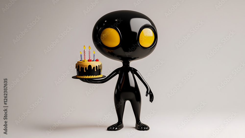 3D Render of Cute Black Alien with Yellow Eyes Holding a Birthday Cake – Fun Alien Birthday Theme 3D Render of Cute Black Alien with Yellow Eyes Holding a Birthday Cake – Fun Alien Birthday Theme