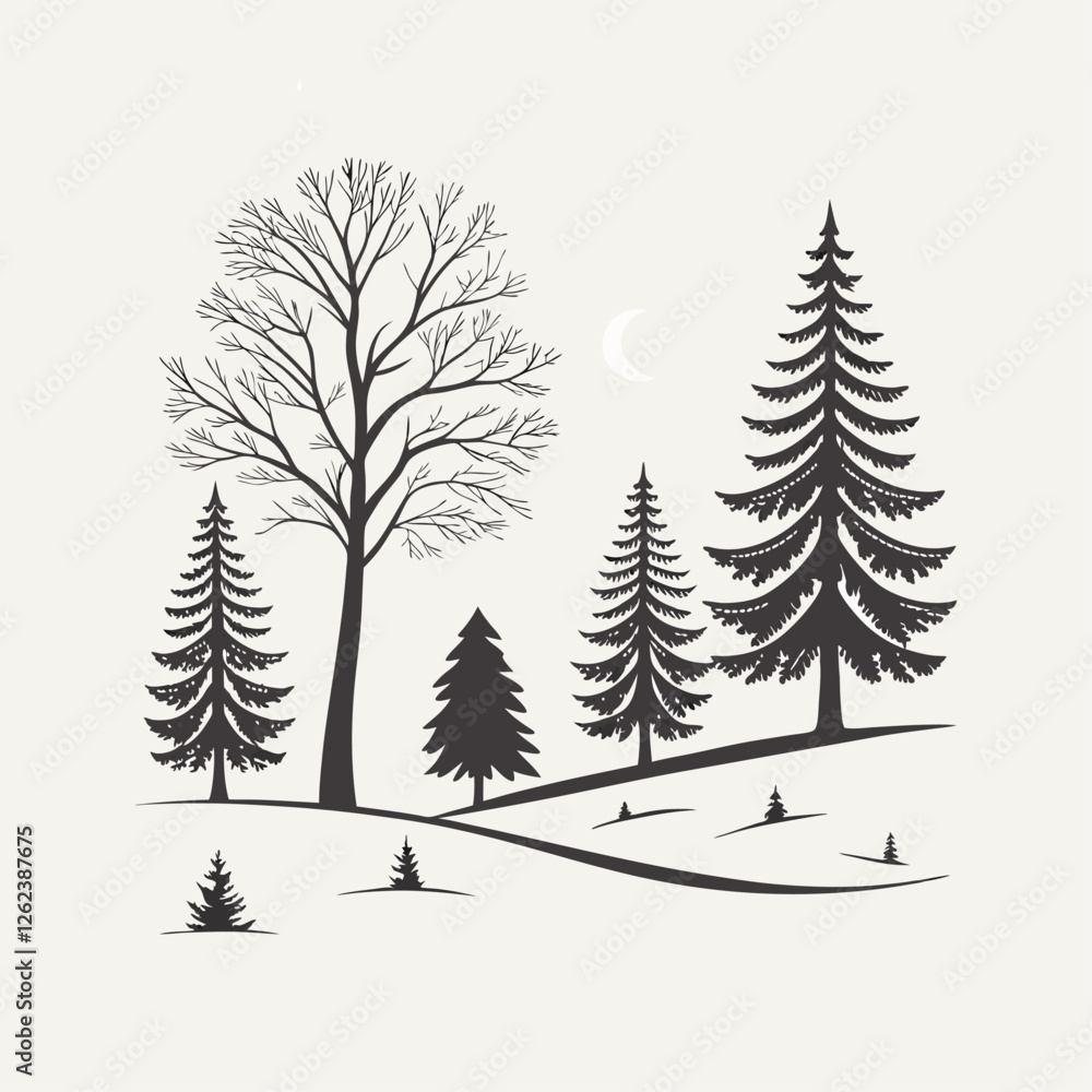 Obraz premium Set of eight black and white Christmas tree silhouettes for festive design.