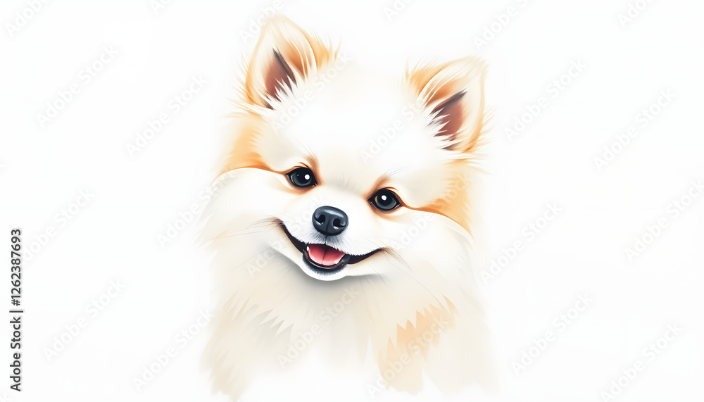 Obraz premium Smiling Pomeranian Spitz Puppy on White Background, watercolor. with white shades