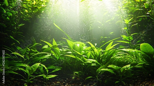 Aquarium Jungle Scene, Lush Green Plants, Sunlight, Peaceful Atmosphere, Suitable for Background photo